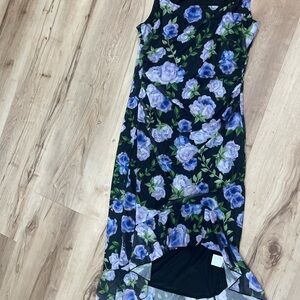 Black Sleeveless High-Low Dress with Blue Floral Print